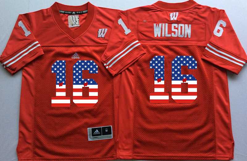 Wisconsin Badgers #16 Russell Wilson Red USA Flag College Stitched Jersey